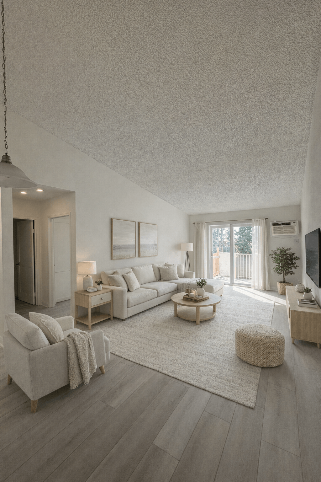 A modern living room with a grey sofa, a white armchair, and a wooden coffee table.